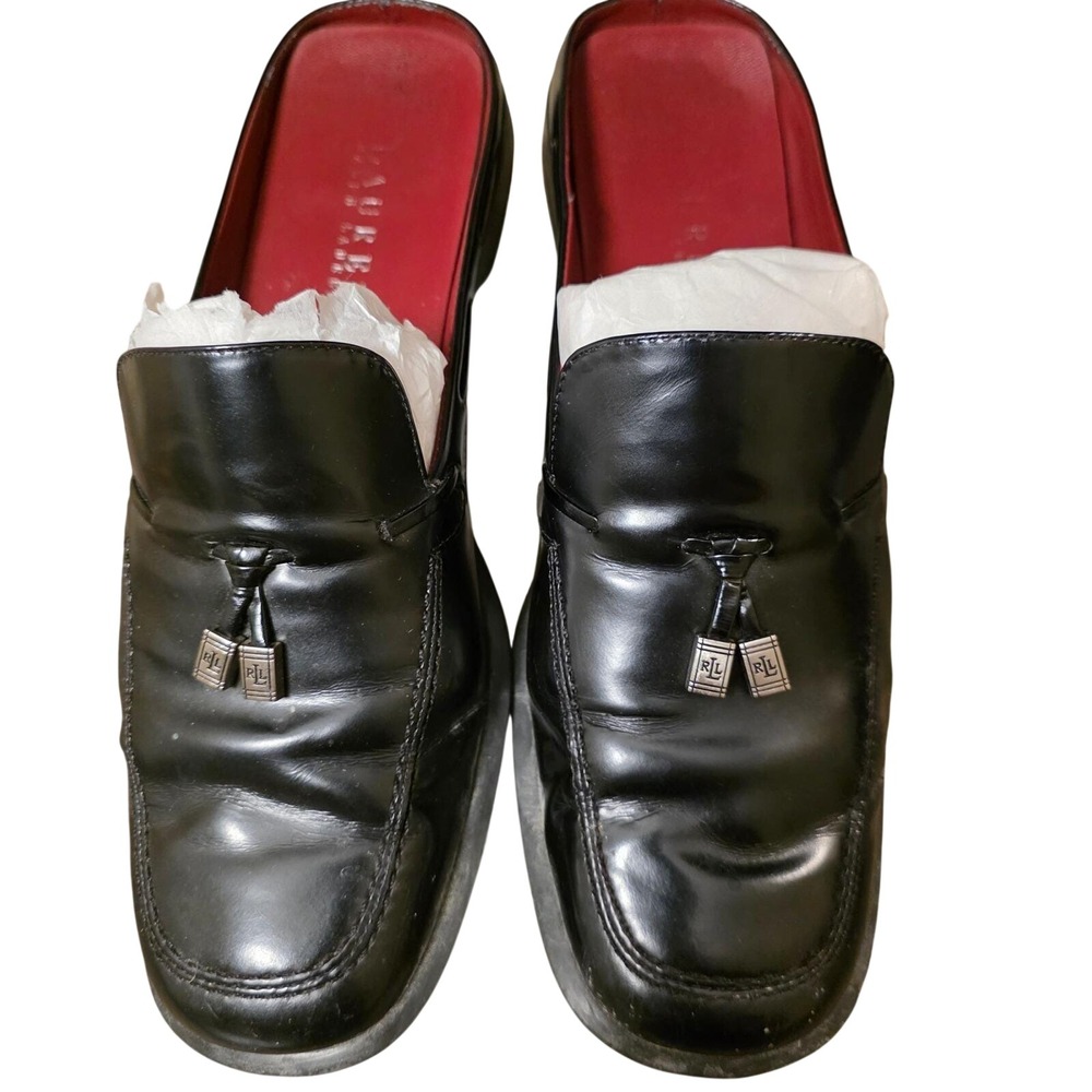 Vintage Lauren Ralph Lauren Shelby Black Leather Mule Loafers Padlock Charm 7.5B